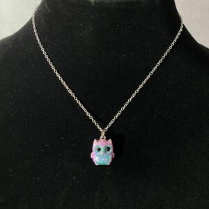 Kids Glitter Owl Pendant Necklace Silver Tone Chain‎ Adjustable